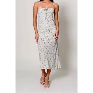 Gab Kate Floral Mirage Slip-Style Midi‎ Dress Fitted Silhouette Ivory Blue Small